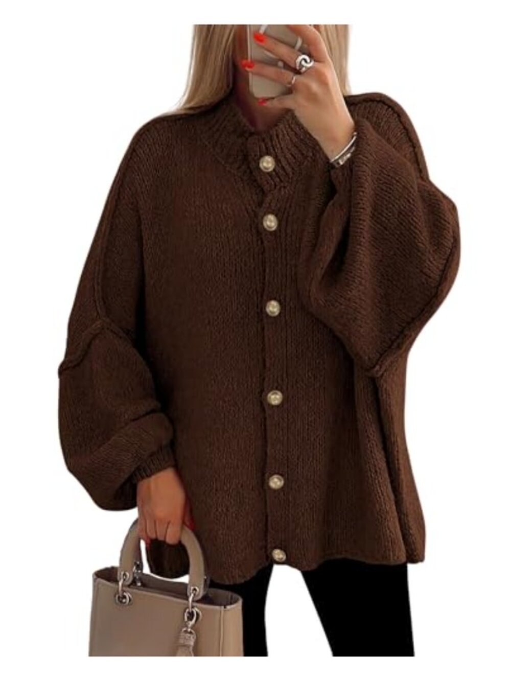 Oversized Chunky Knit Cardigan Mock Neck Lantern Sleeve Button Down
